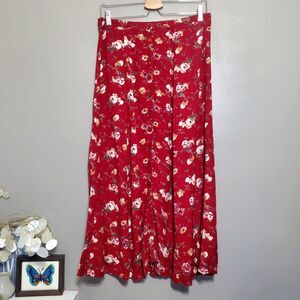 Vintage Red Floral Skirt Womens Size Medium Button Front Midi Cottagecore Boho